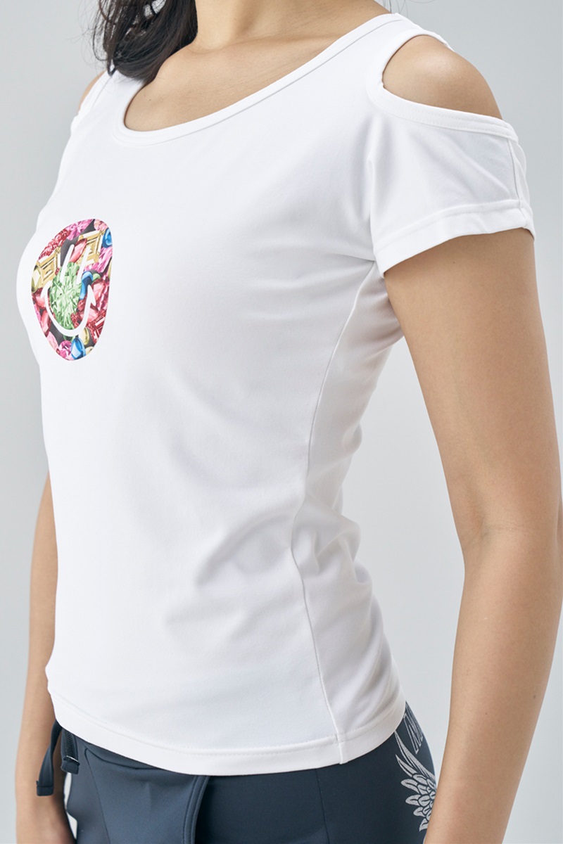 肩開きベーシックTシャツ(クリスタルラインストーン付) ホワイト