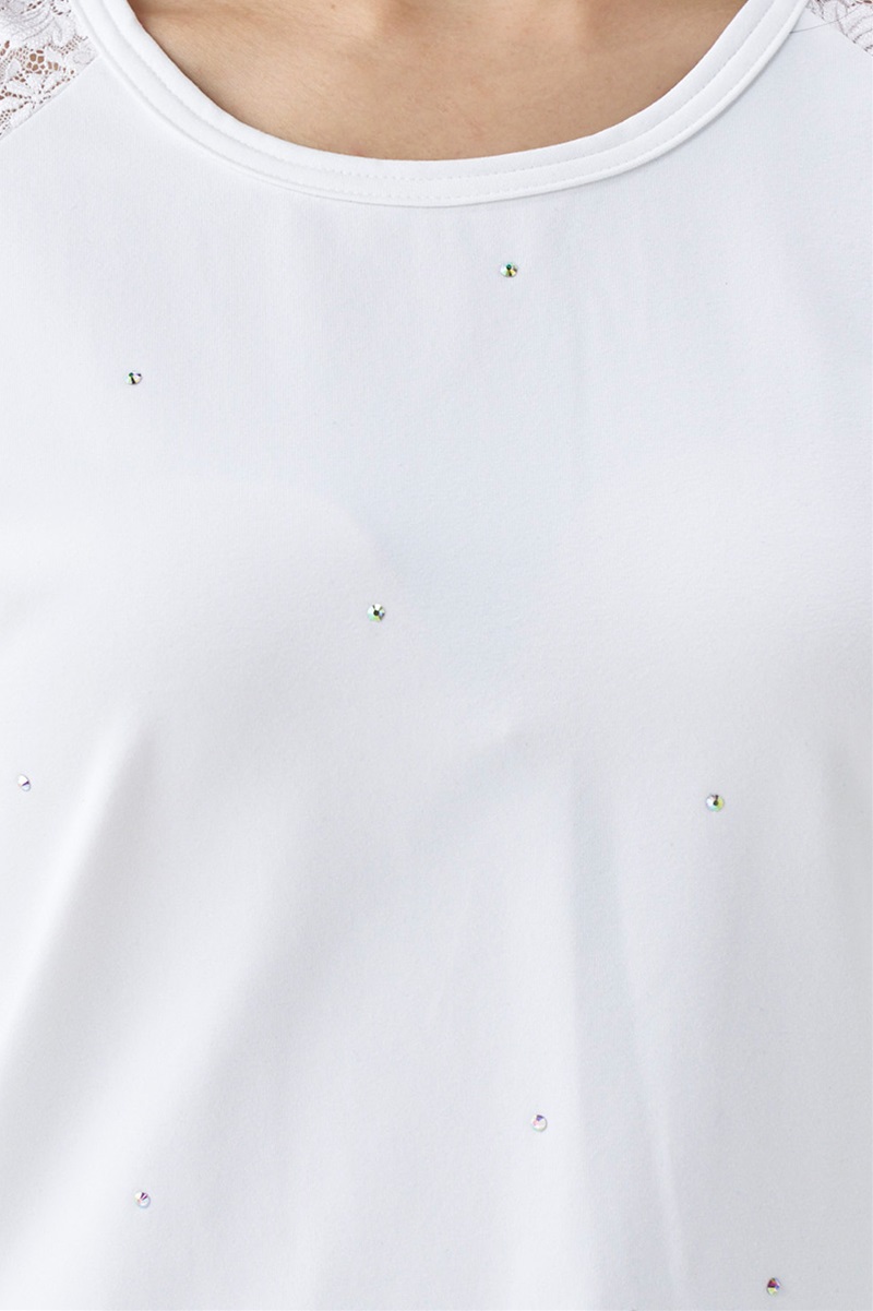 肩フラワーレース切替エアリーTシャツ(クリスタルラインストーン付) ホワイト