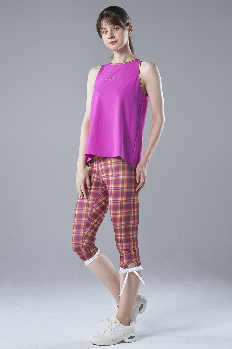 裾リボンカプリレギンス タータンピンク