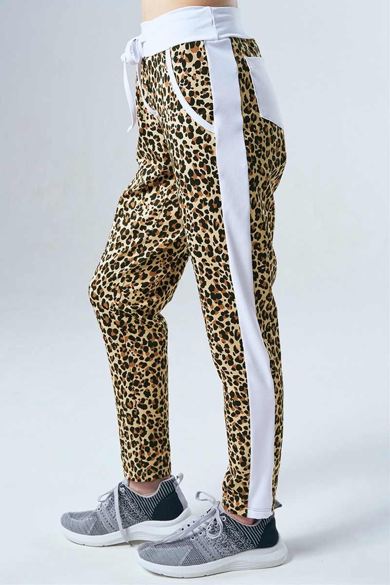 サイド切替ロングジョガーパンツ キャメルレパード