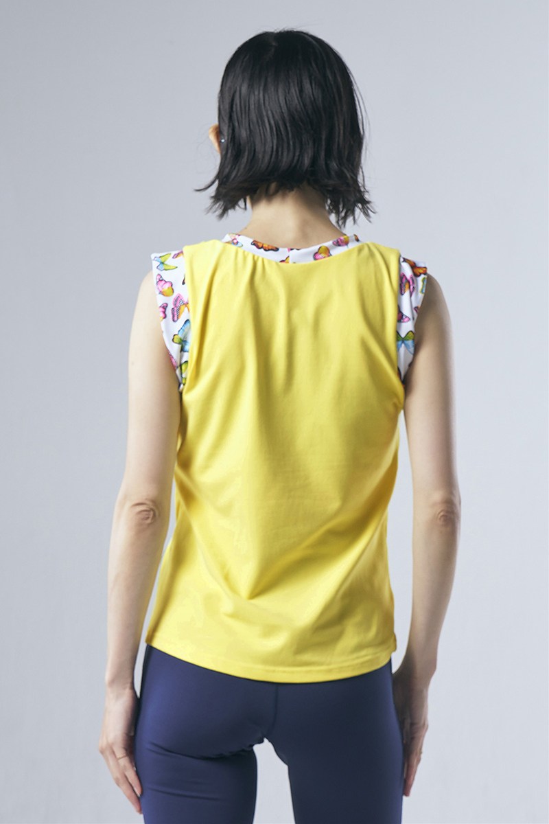 袖口ツイストデザインセミフィットタンクトップ レモン