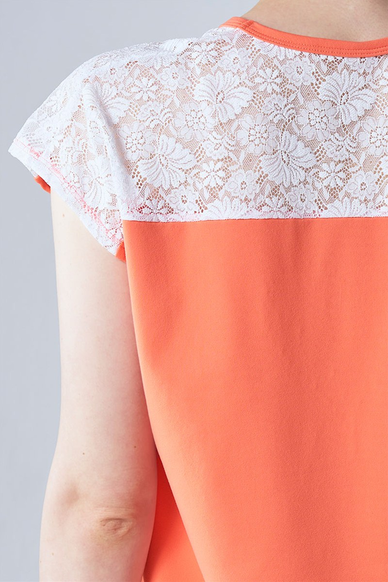 肩レース切替エアリーTシャツ(クリスタルラインストーン付) オレンジ