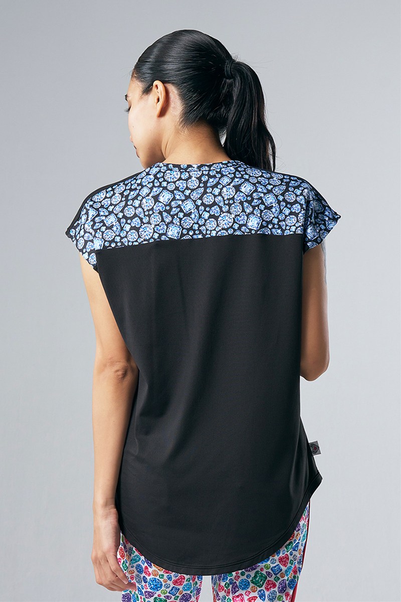 肩切替エアリーTシャツ(クリスタルラインストーン付) ブラック